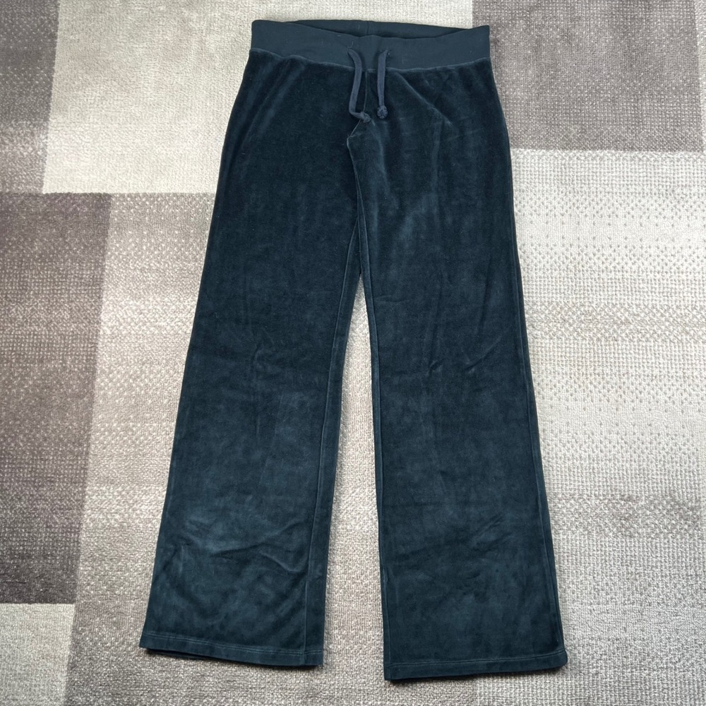 Y2K Wet Seal Womens Black Velour Wide Leg Track Pants Large Drawstring Low Rise